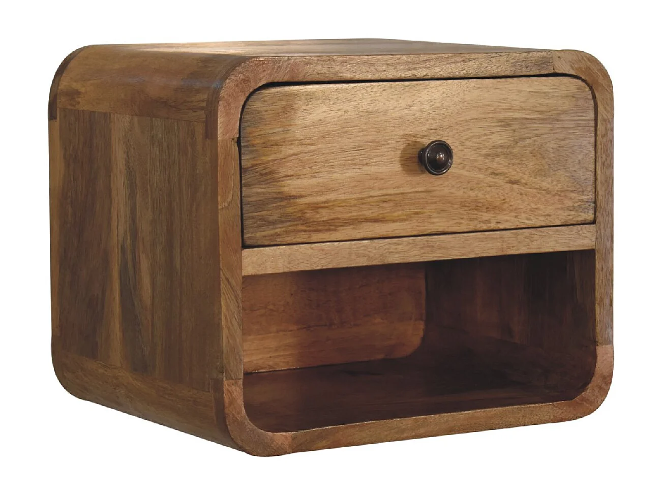 Półka nocna Mini Artisan Furniture wykończona dębem, 1 szuflada, 1 otwarta komora, brązowa