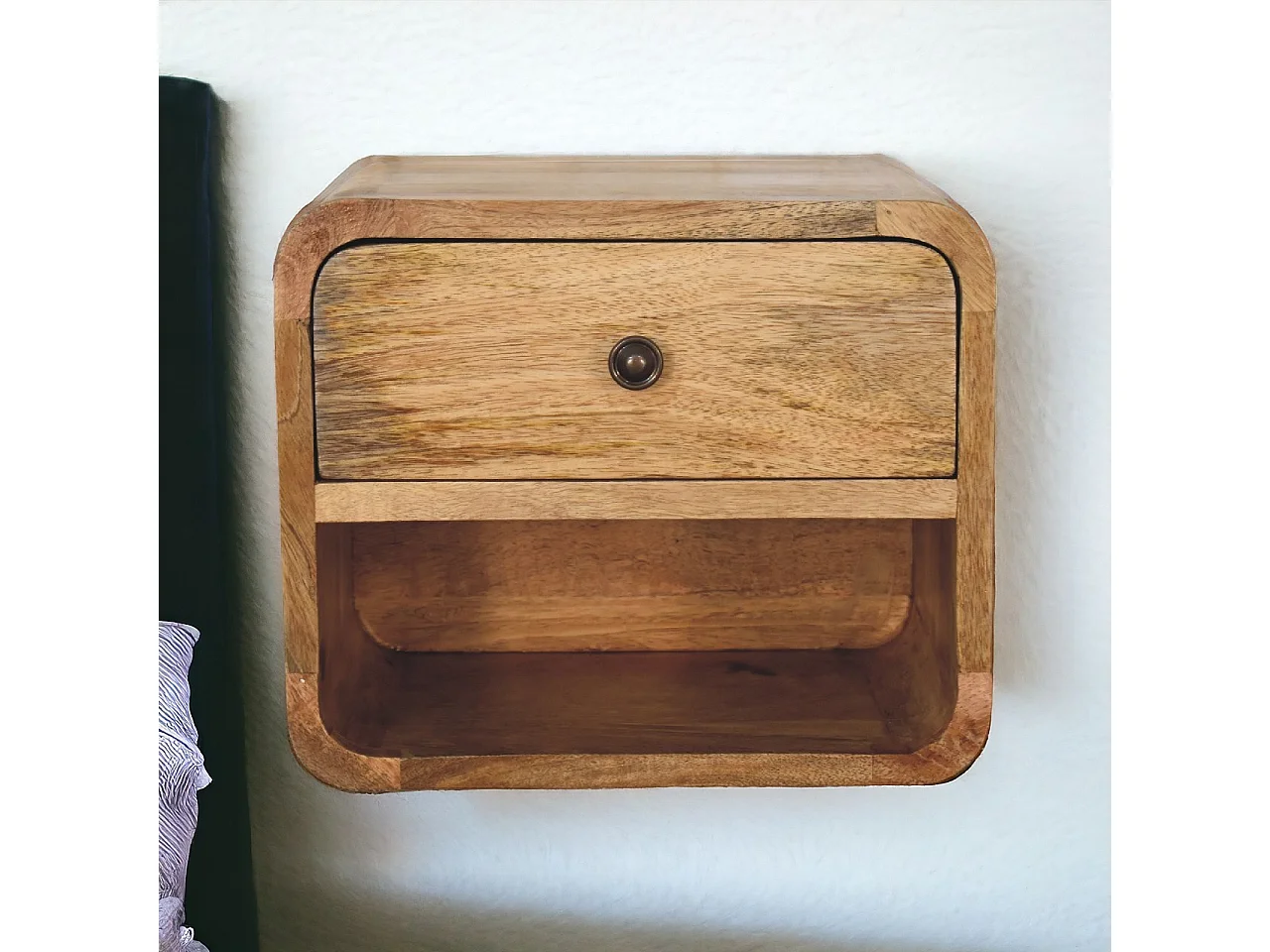 Półka nocna Mini Artisan Furniture wykończona dębem, 1 szuflada, 1 otwarta komora, brązowa