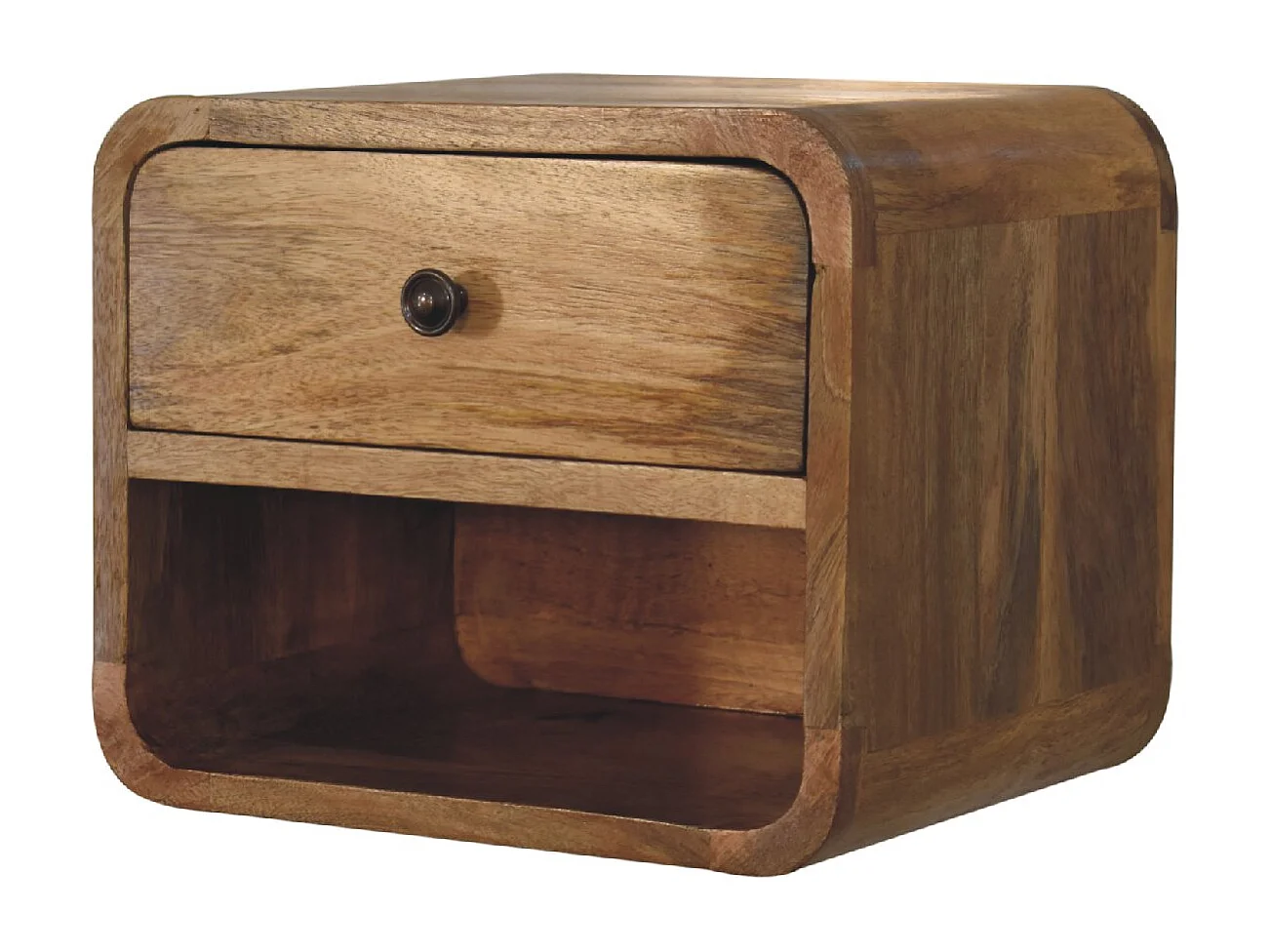 Półka nocna Mini Artisan Furniture wykończona dębem, 1 szuflada, 1 otwarta komora, brązowa