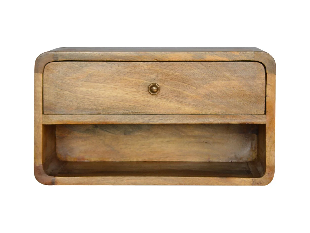 Artisan Furniture Massief Houten Eiken-achtige Zwevende Nachtkast met Gebogen Ontwerp en Open Sleuf, Slaapkamer Nachtkastje