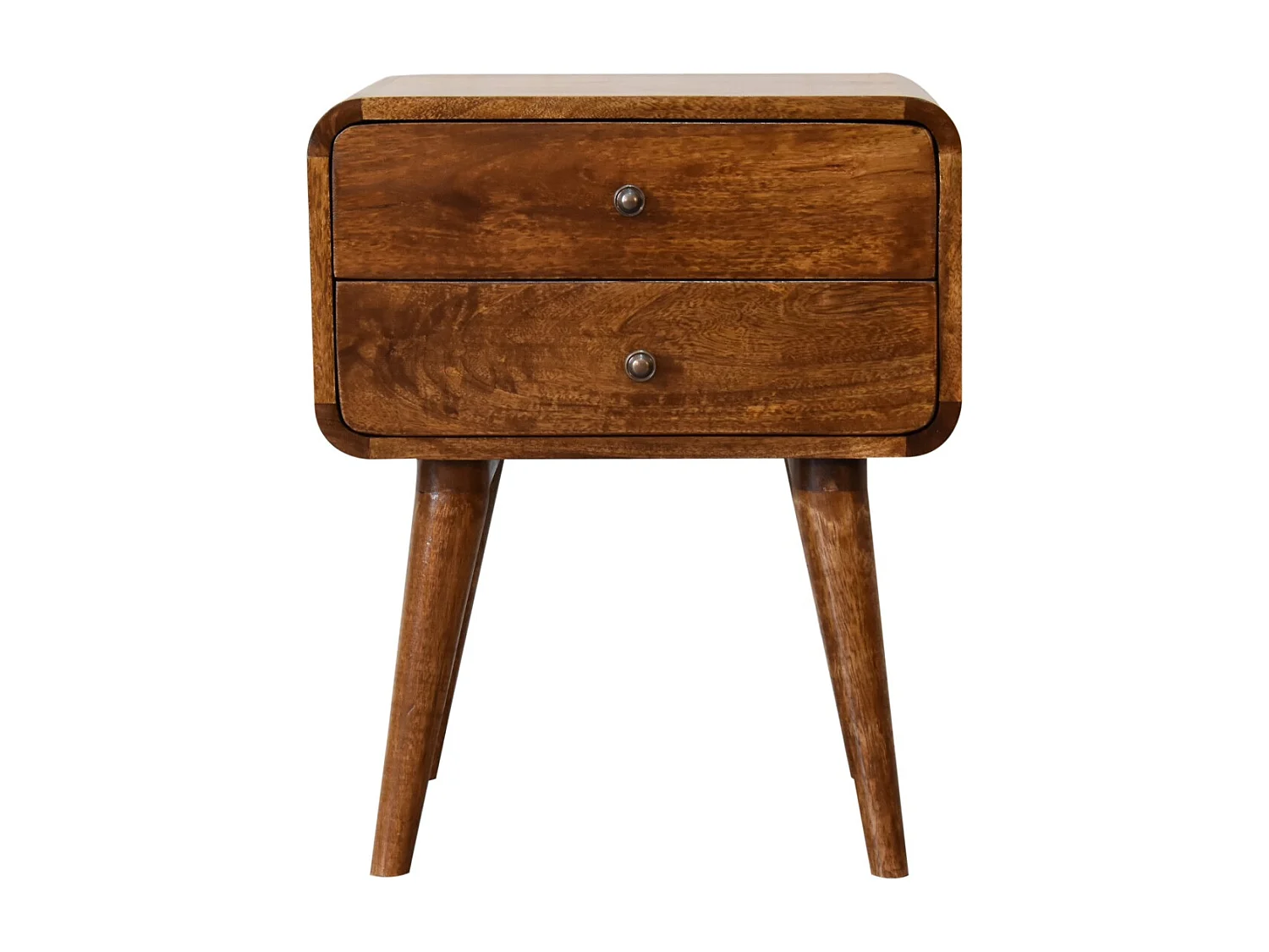 Artisan Furniture Mueble de madera maciza de mesita de noche curvada de castaño con 2 cajones, mesita de noche para dormitorio