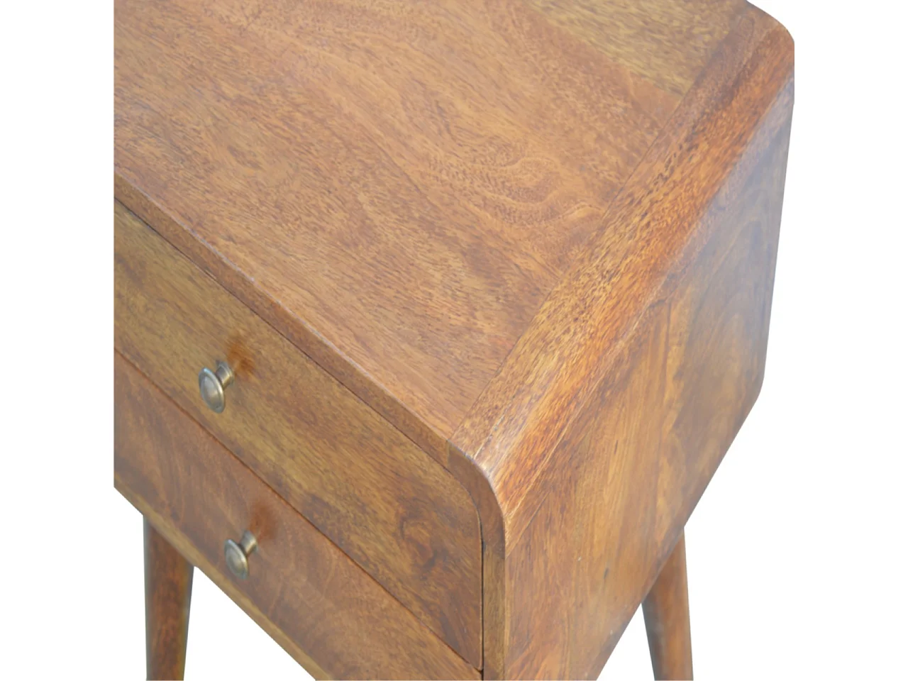 Artisan Furniture Mueble de madera maciza de mesita de noche curvada de castaño con 2 cajones, mesita de noche para dormitorio