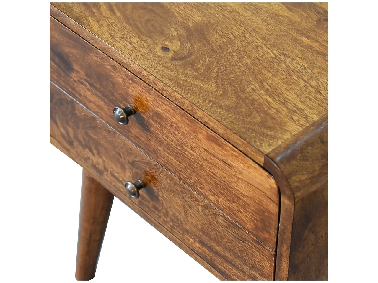 Artisan Furniture Mueble de madera maciza de mesita de noche curvada de castaño con 2 cajones, mesita de noche para dormitorio