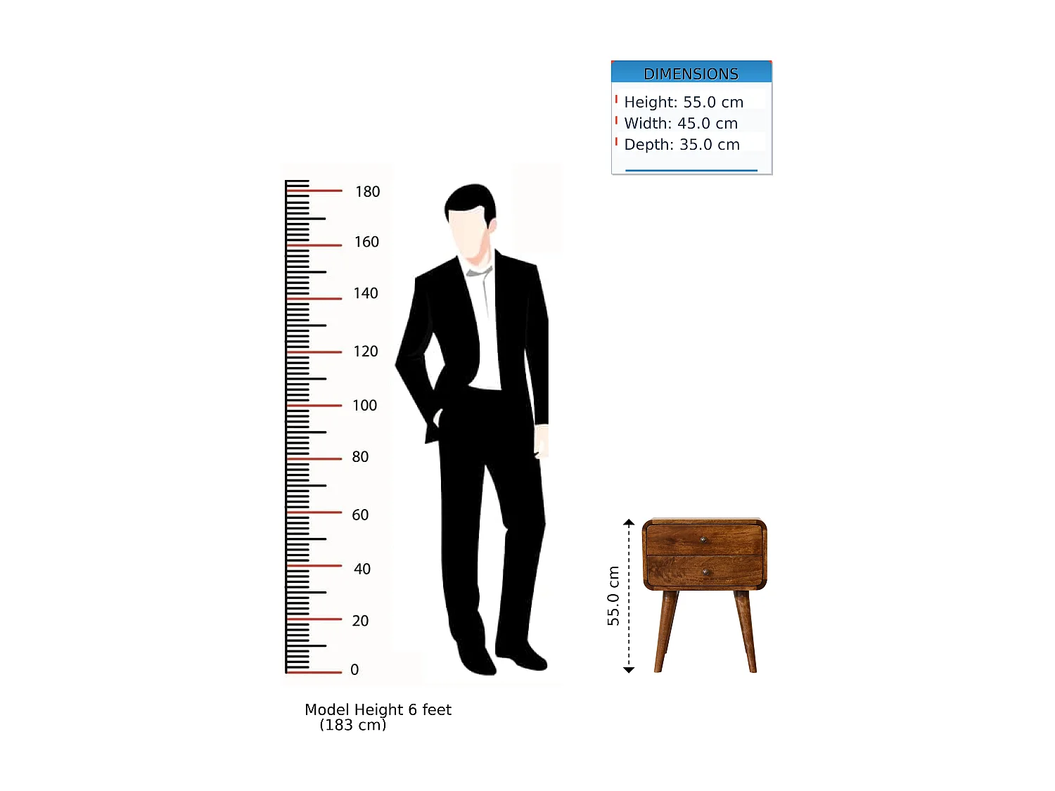 Comodino curvo color castagna Artisan Furniture, 2 cassetti, marrone