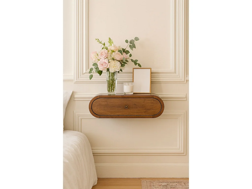 Runder Wandnachttisch von Artisan Furniture aus Massivholz mit Kastanien-Finish, 1 Schublade, braun.
