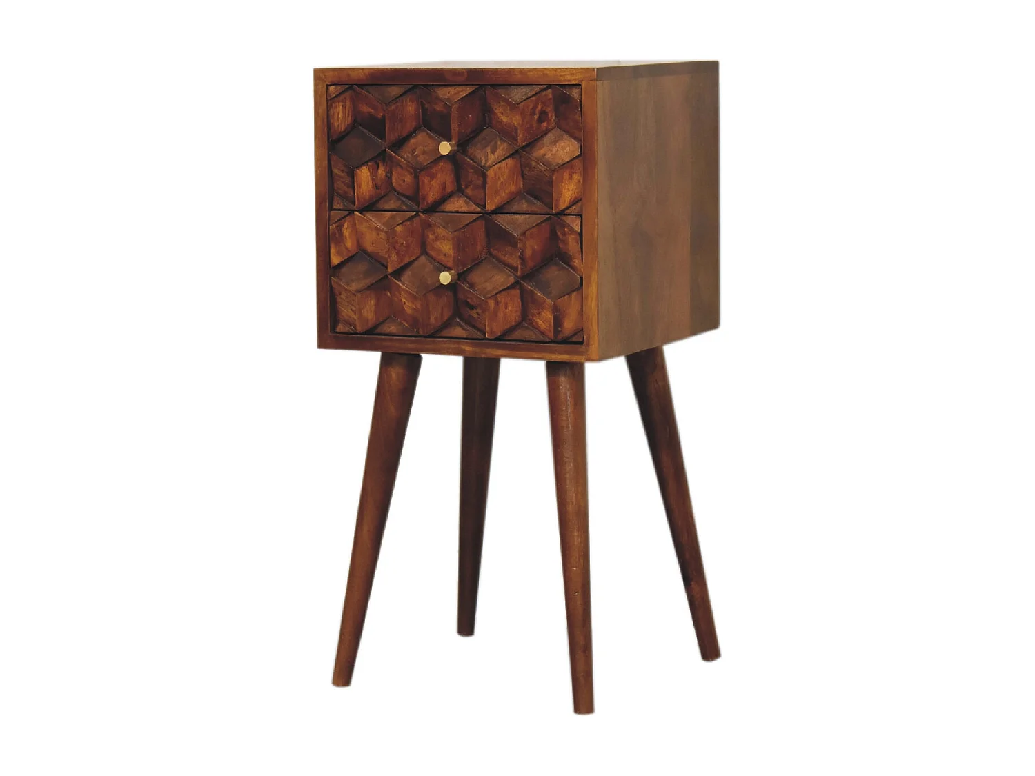 Mini Table de Nuit Cube en Châtaignier à 2 Tiroirs