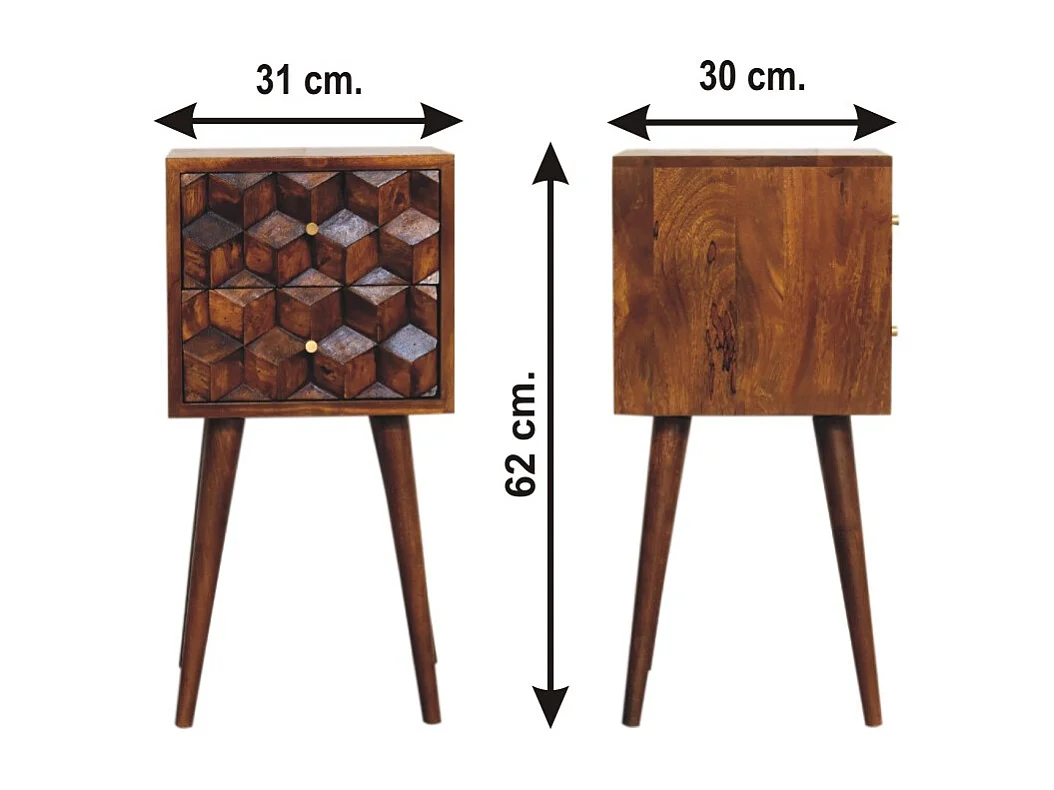 Mini Table de Nuit Cube en Châtaignier à 2 Tiroirs