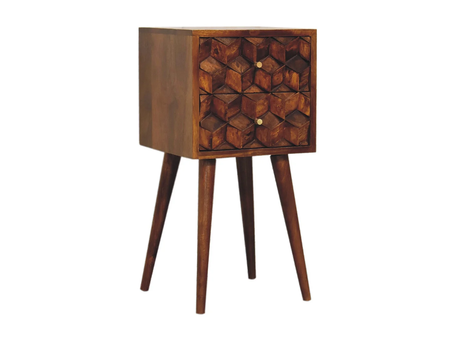 Table de chevet Mini Cube en châtaignier Artisan Furniture, 2 tiroirs, marron