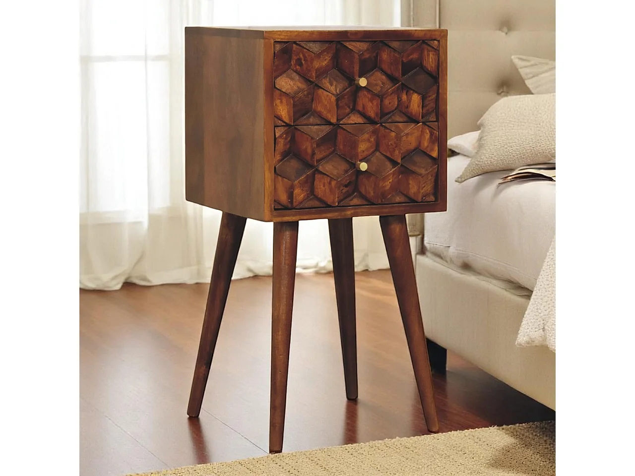 Table de chevet Mini Cube en châtaignier Artisan Furniture, 2 tiroirs, marron