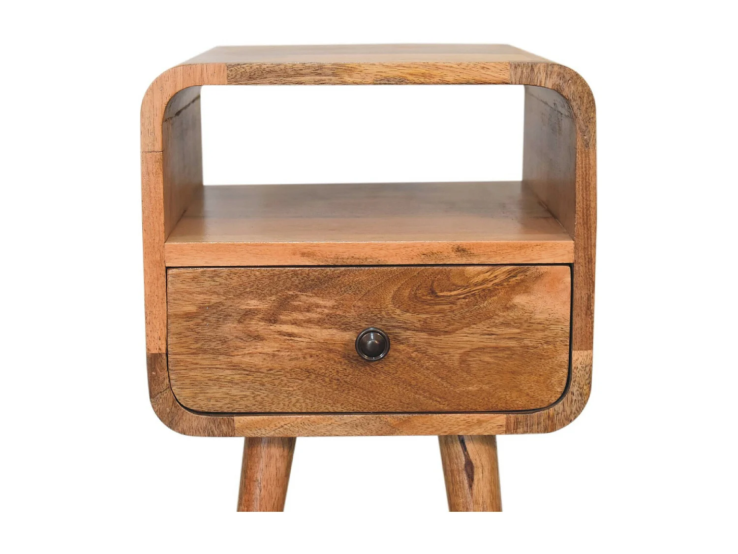 Artisan Furniture Massief Houten Mini Eiken-achtige Gebogen Bedtafel met Open Ontwerp, Slaapkamer Nachtkastje