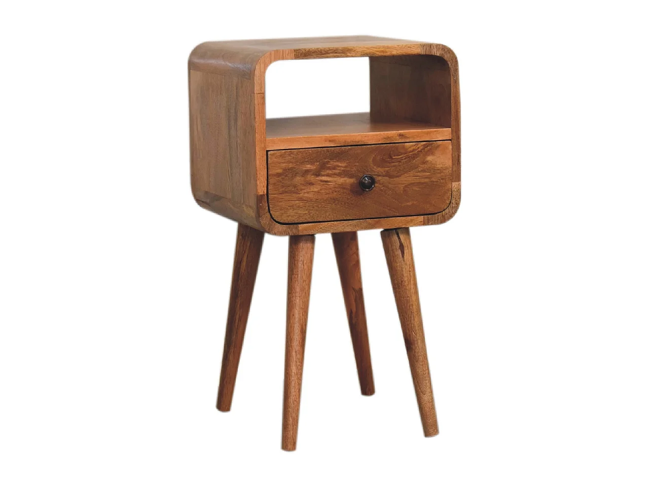 Mały, zakrzywiony, otwarty stolik nocny firmy Artisan Furniture z litego drewna w wykończeniu w kolorze jasnego dębu, 1 szuflada, kolor beżowy