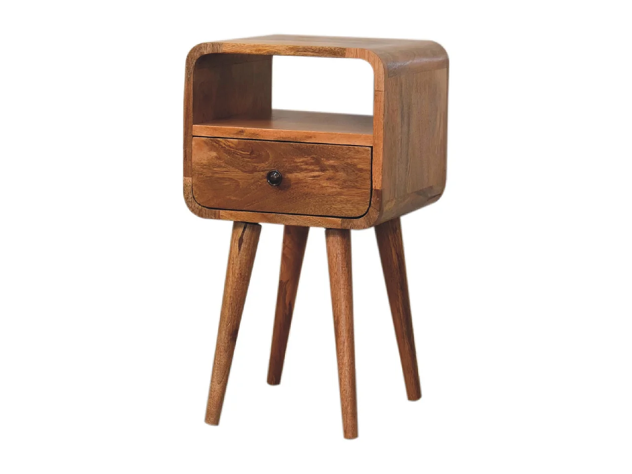 Mały, zakrzywiony, otwarty stolik nocny firmy Artisan Furniture z litego drewna w wykończeniu w kolorze jasnego dębu, 1 szuflada, kolor beżowy
