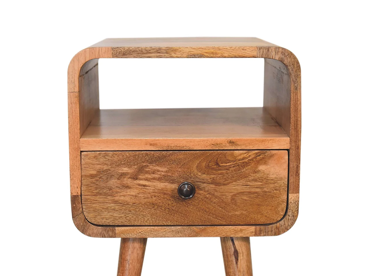 Mały, zakrzywiony, otwarty stolik nocny firmy Artisan Furniture z litego drewna w wykończeniu w kolorze jasnego dębu, 1 szuflada, kolor beżowy