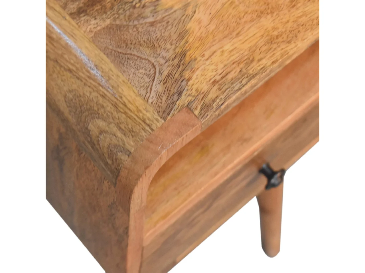 Mały, zakrzywiony, otwarty stolik nocny firmy Artisan Furniture z litego drewna w wykończeniu w kolorze jasnego dębu, 1 szuflada, kolor beżowy