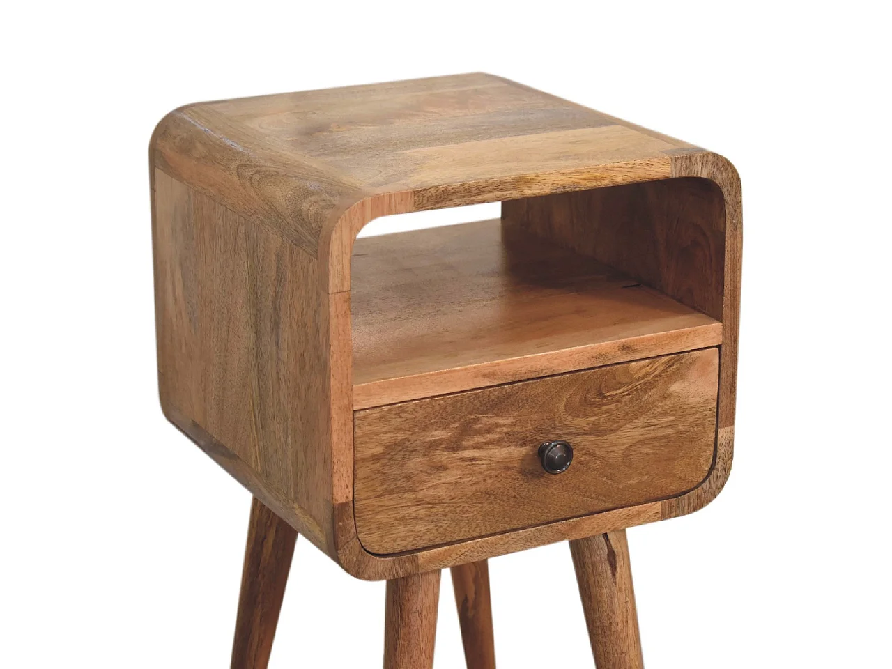 Mały, zakrzywiony, otwarty stolik nocny firmy Artisan Furniture z litego drewna w wykończeniu w kolorze jasnego dębu, 1 szuflada, kolor beżowy