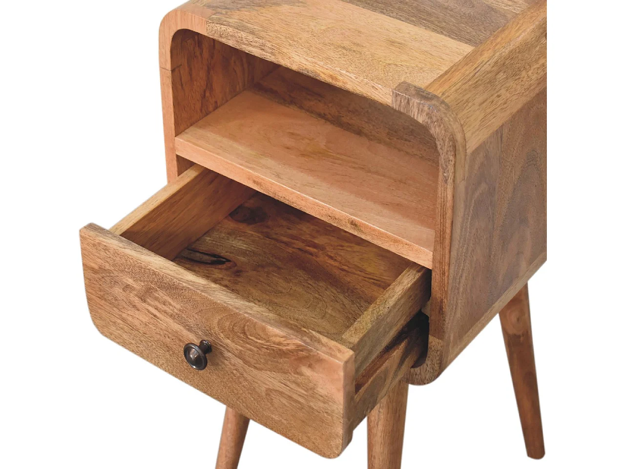 Mały, zakrzywiony, otwarty stolik nocny firmy Artisan Furniture z litego drewna w wykończeniu w kolorze jasnego dębu, 1 szuflada, kolor beżowy