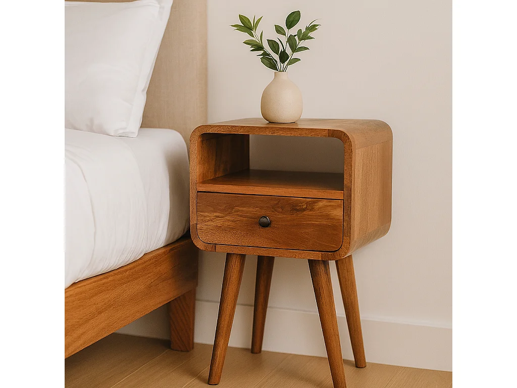 Mały, zakrzywiony, otwarty stolik nocny firmy Artisan Furniture z litego drewna w wykończeniu w kolorze jasnego dębu, 1 szuflada, kolor beżowy