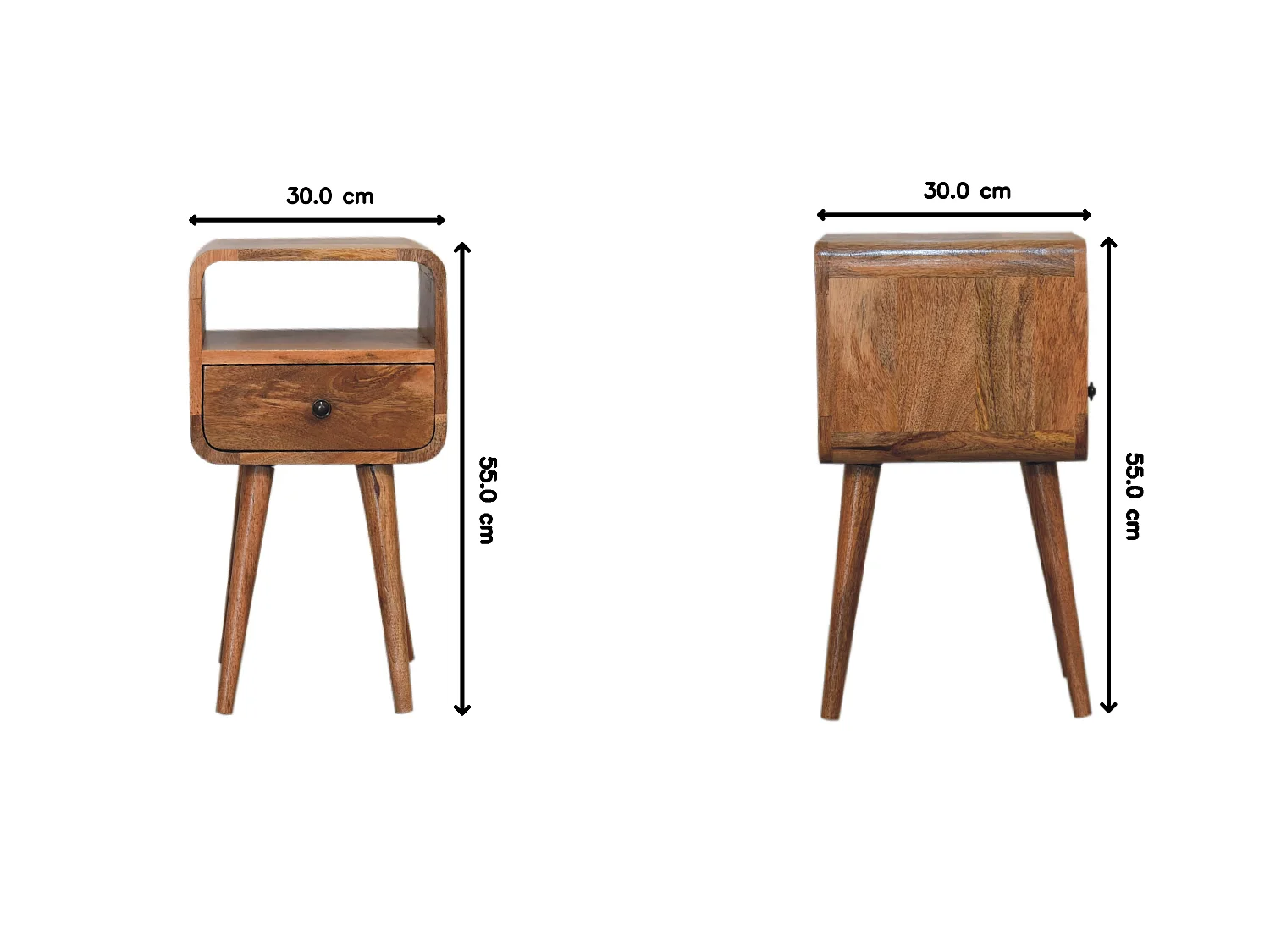Mały, zakrzywiony, otwarty stolik nocny firmy Artisan Furniture z litego drewna w wykończeniu w kolorze jasnego dębu, 1 szuflada, kolor beżowy