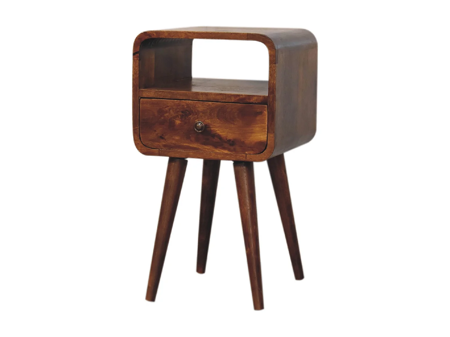 Table de chevet ouverte Mini en châtaignier courbé.