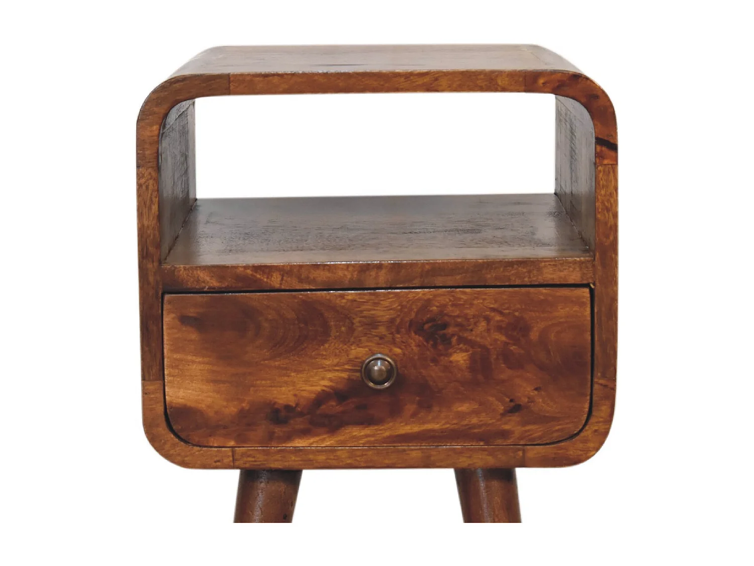 Table de chevet ouverte Mini en châtaignier courbé.