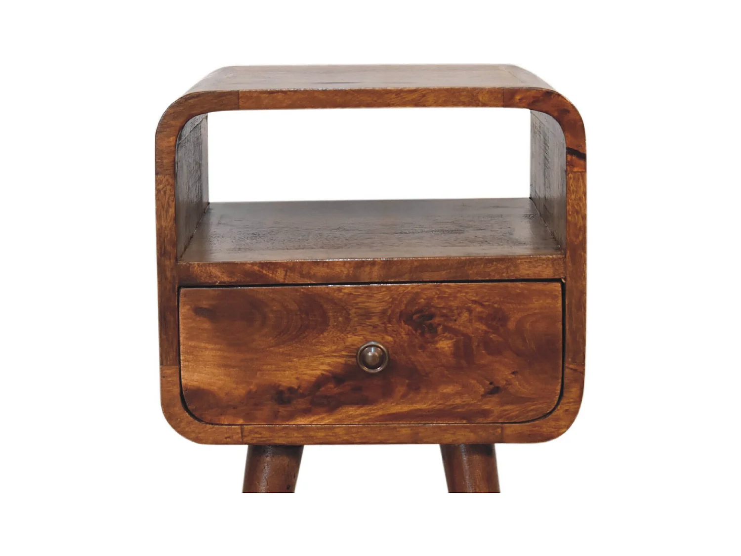 Table de chevet ouverte Mini en châtaignier courbé.