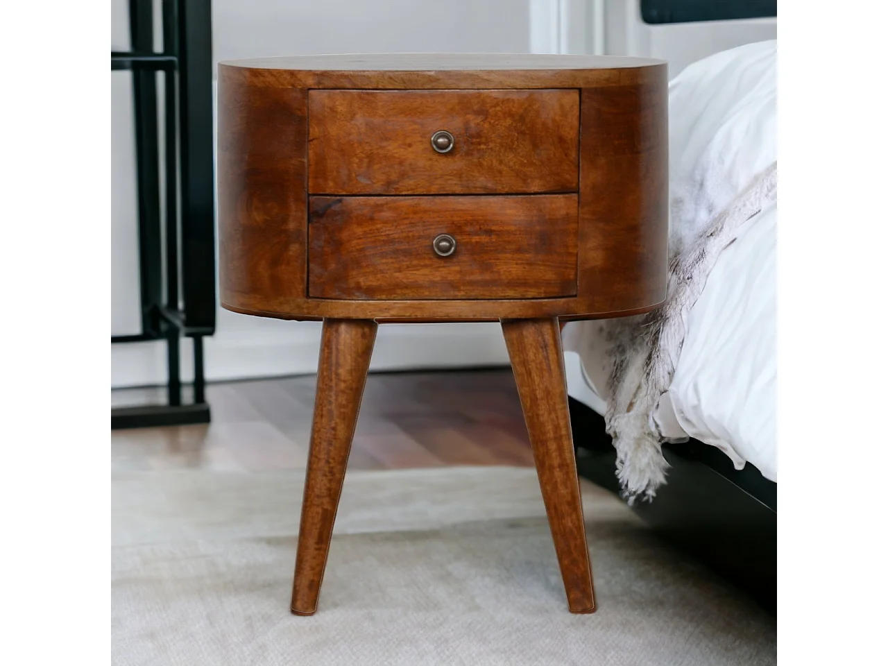 Artisan Furniture Mueble de madera maciza de mesita de noche redonda en tono roble, mesita de noche para dormitorio