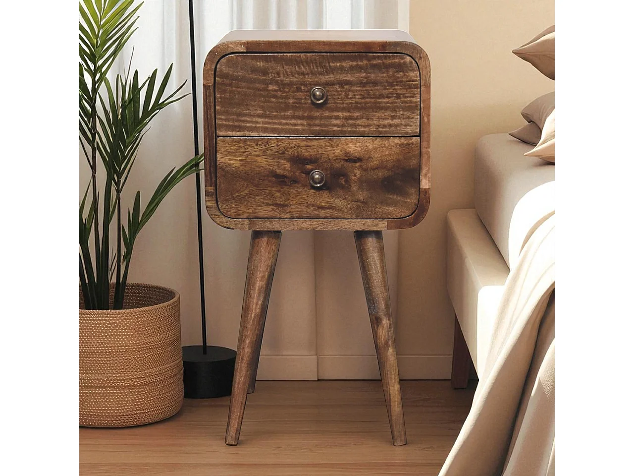 Artisan Furniture Table de Chevet Mini Courbée en Bois Massif Finition Gris Délavé, 2 Tiroirs, Gris