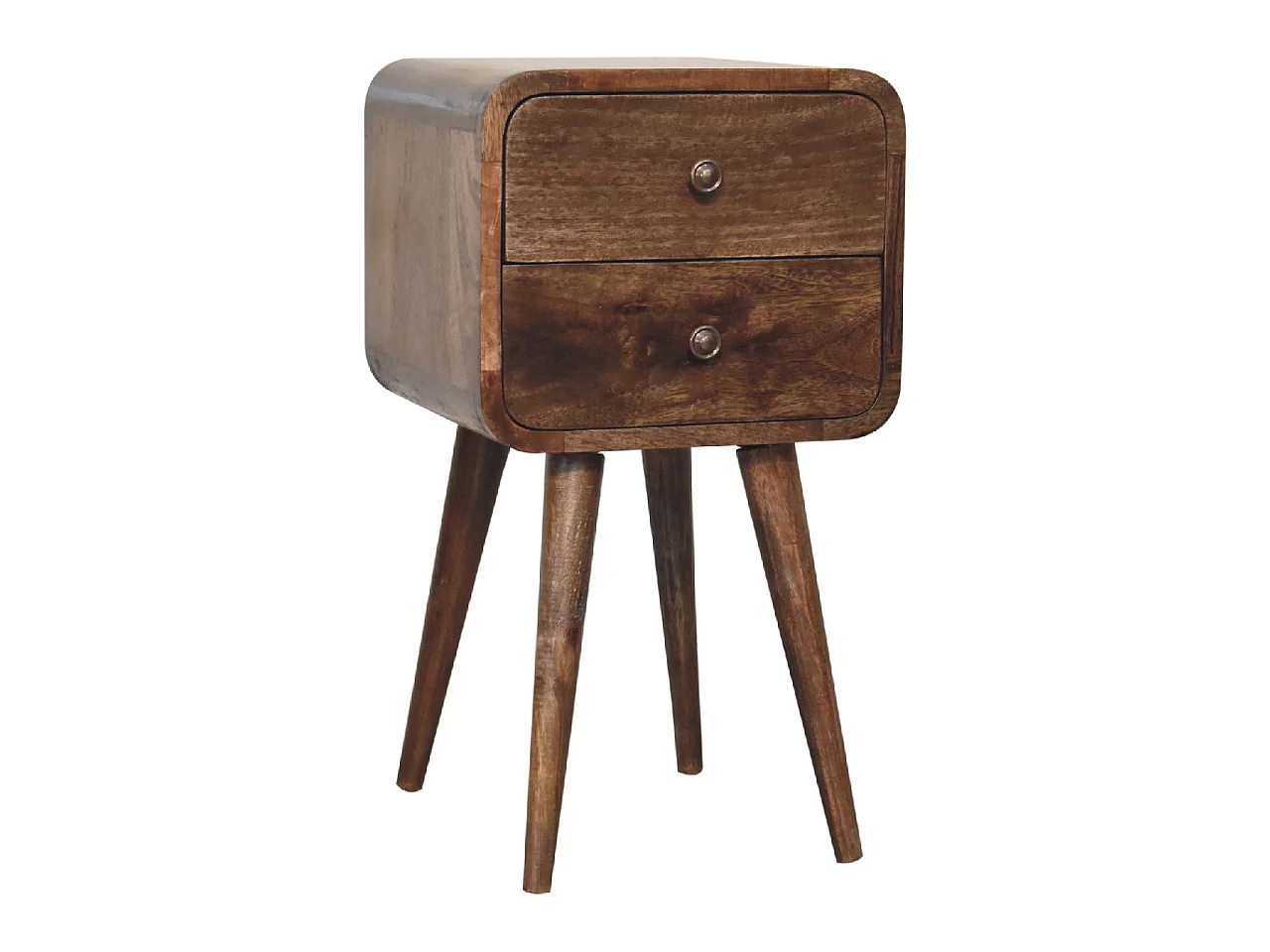 Artisan Furniture Table de Chevet Mini Courbée en Bois Massif Finition Gris Délavé, 2 Tiroirs, Gris