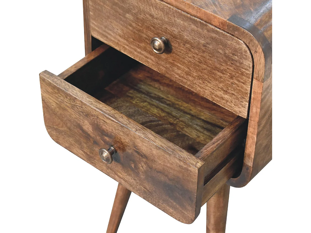 Artisan Furniture Table de Chevet Mini Courbée en Bois Massif Finition Gris Délavé, 2 Tiroirs, Gris