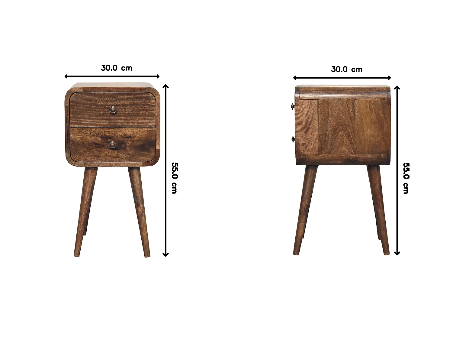 Artisan Furniture Table de Chevet Mini Courbée en Bois Massif Finition Gris Délavé, 2 Tiroirs, Gris