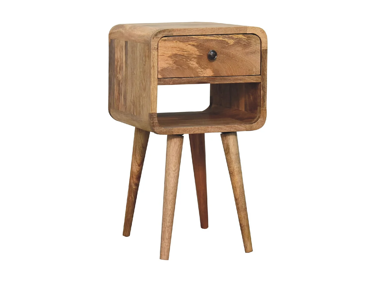 Artisan Furniture Comodino mini in legno massello di quercia curvato nella parte inferiore.