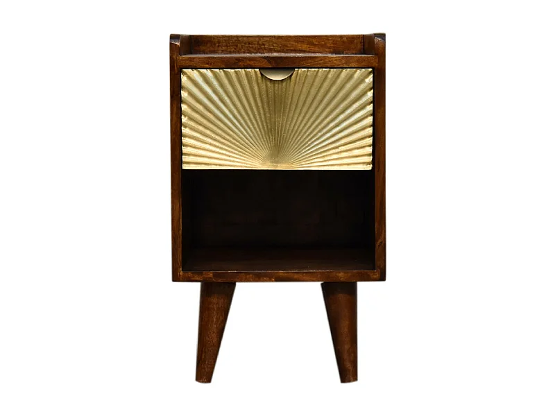 Artisan Furniture Massief Houten Mini Kastanje Bedtafel met 1 Lade, Slaapkamer Nachtkastje, Manila Gouden Accent