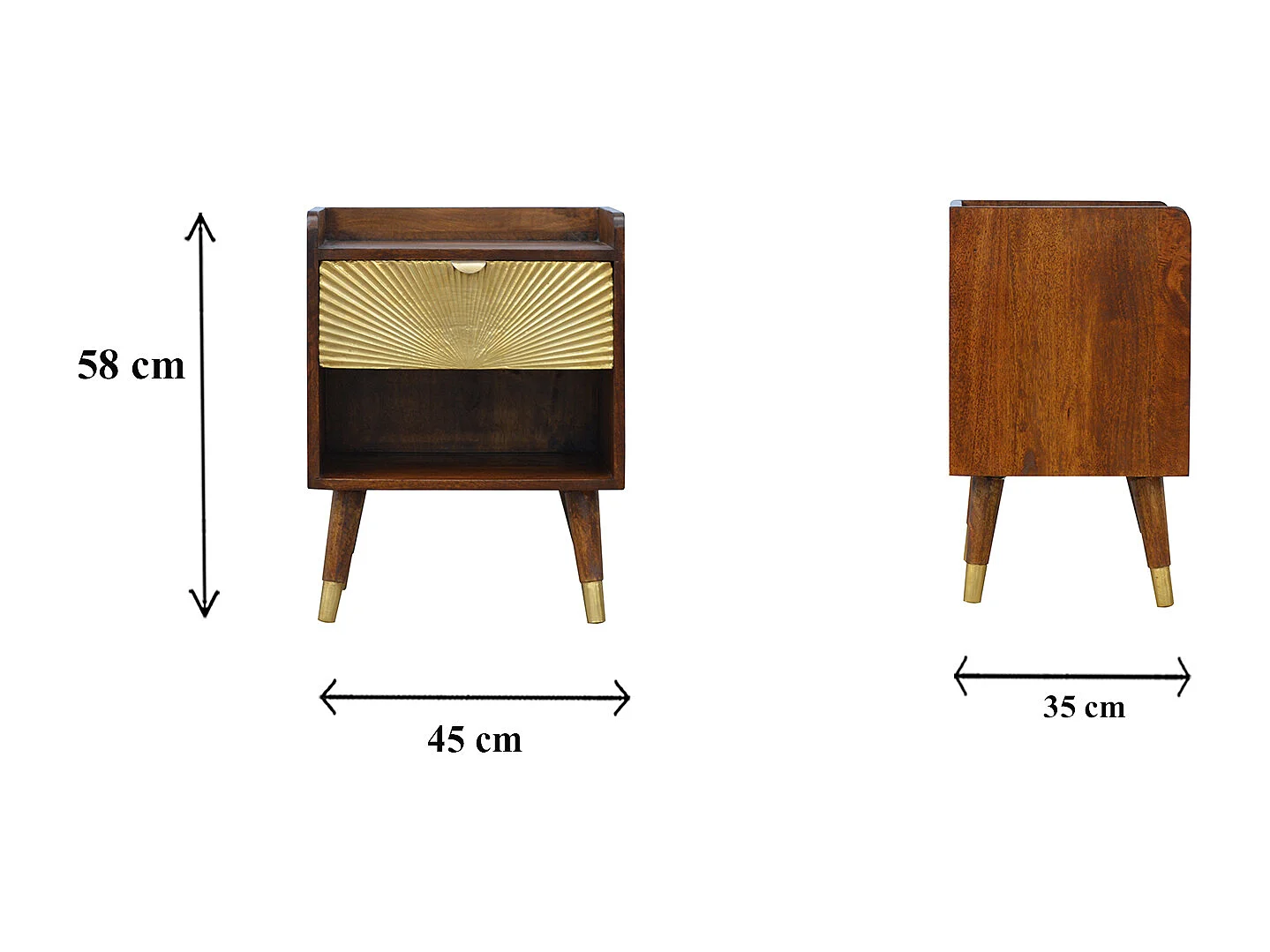 Table de chevet en or manille avec un tiroir.