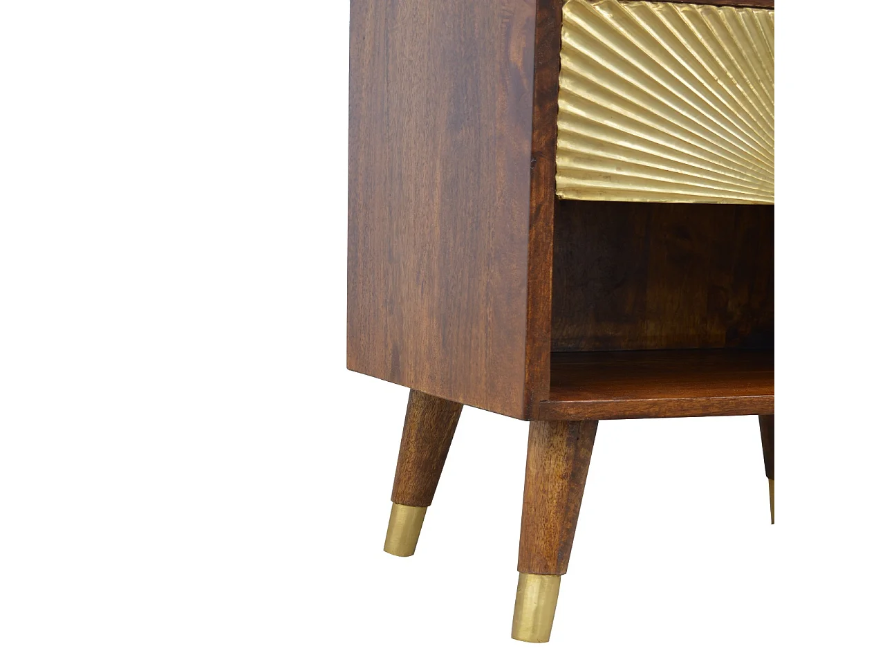 Table de chevet en or manille avec un tiroir.