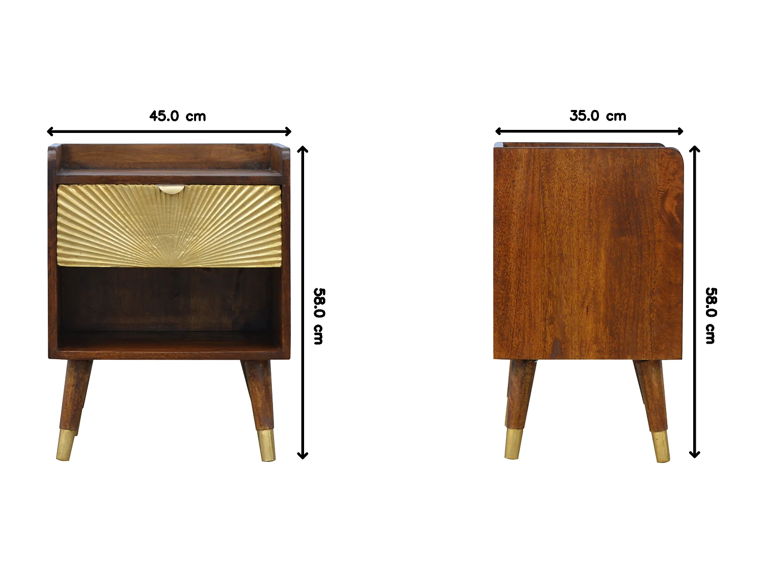 Table de chevet Manila Gold Artisan Furniture, 1 tiroir, 1 étagère ouverte, doré et brun