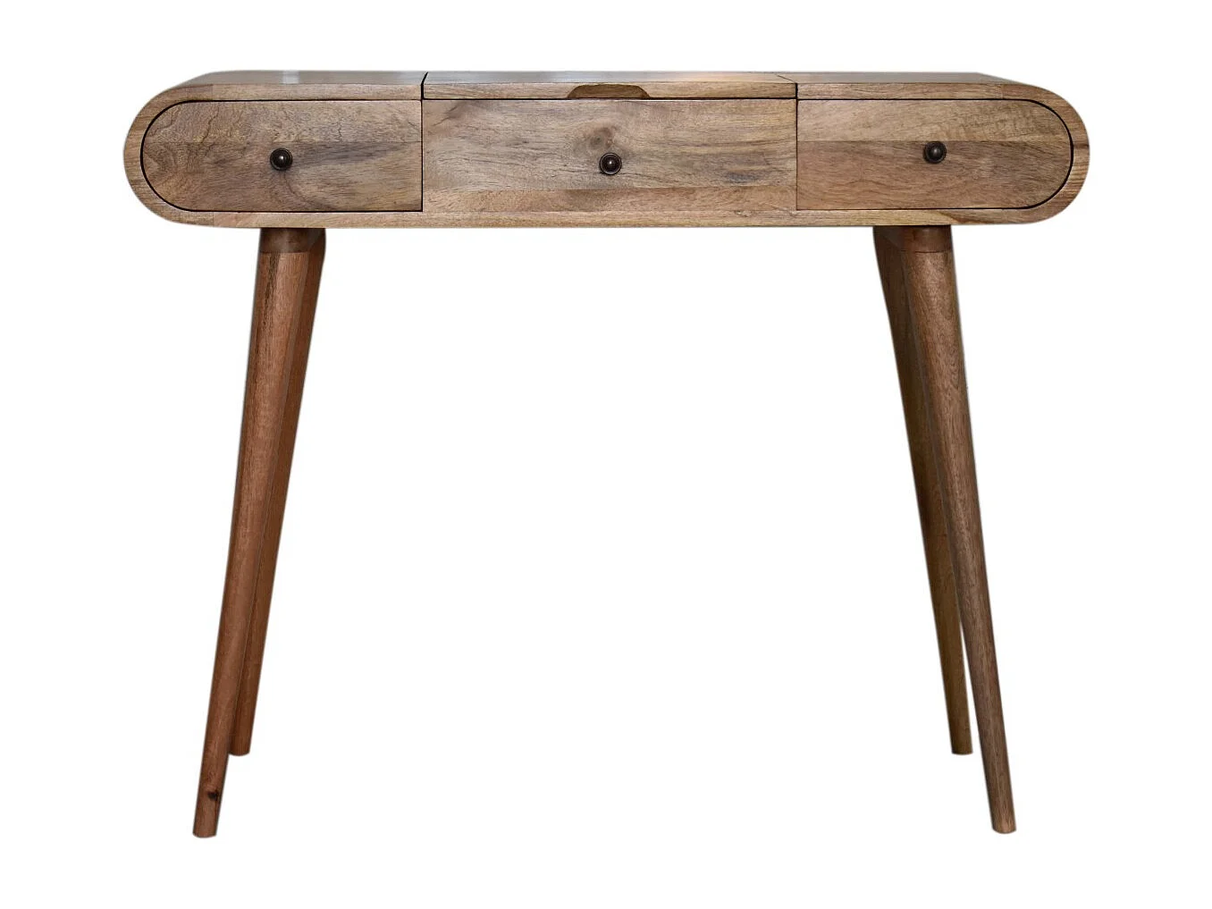 Artisan Furniture Solid Wood Oak-ish Round Dressing Table, 2 Drawers, 4 Storage Compartments with mirror, Beige
