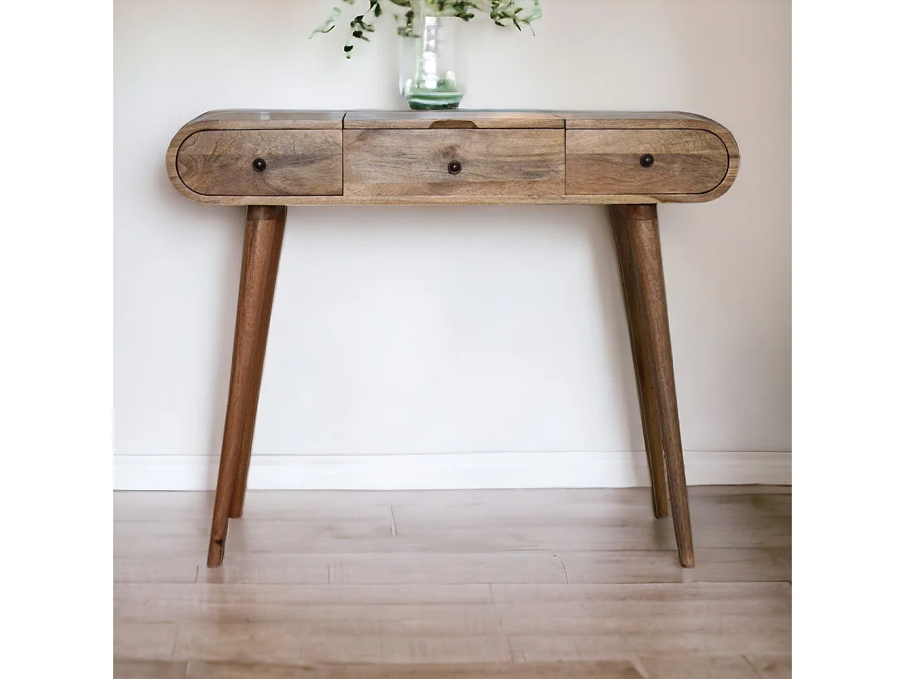 Artisan Furniture Solid Wood Oak-ish Round Dressing Table, 2 Drawers, 4 Storage Compartments with mirror, Beige