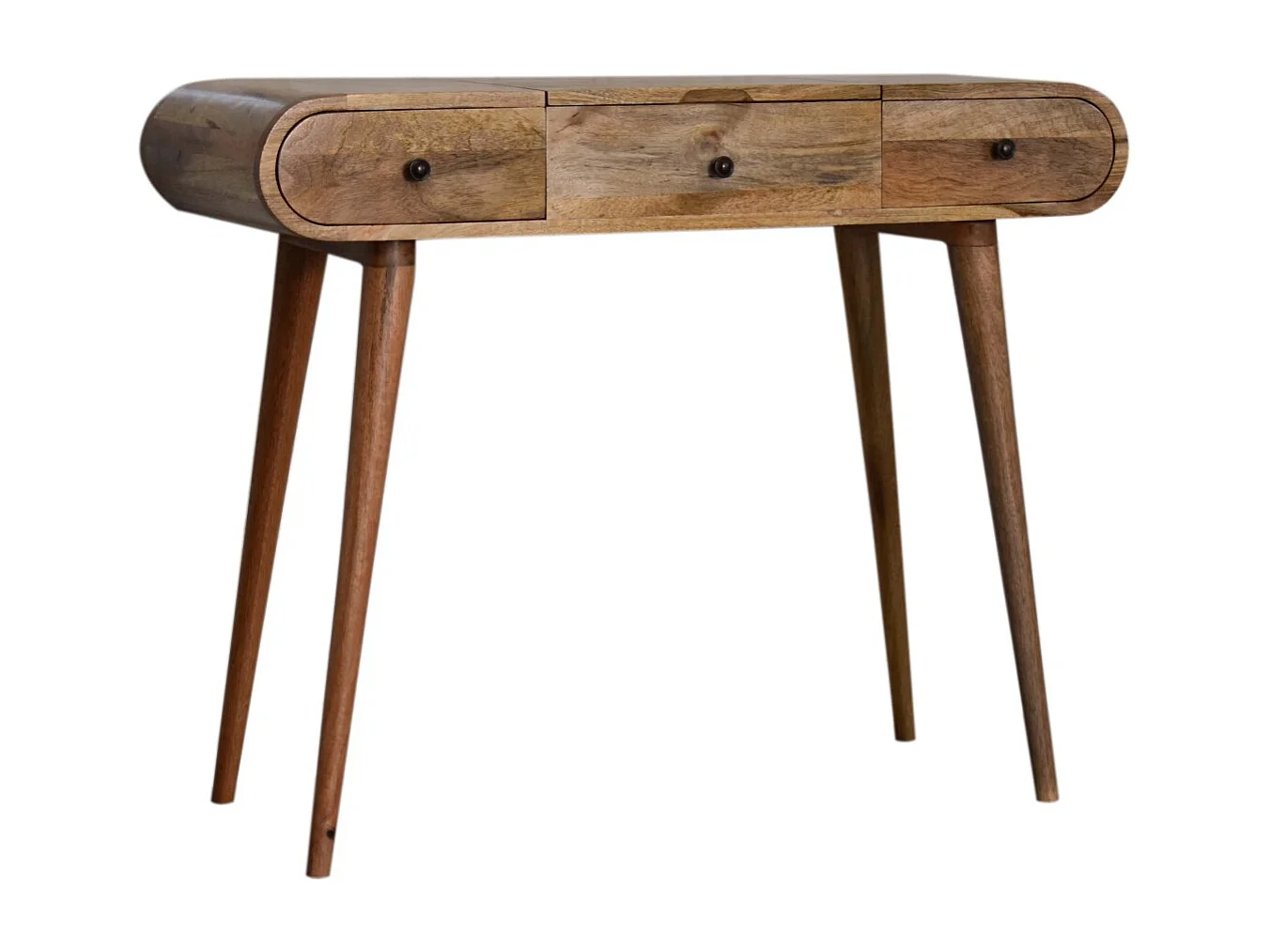 Artisan Furniture Solid Wood Oak-ish Round Dressing Table, 2 Drawers, 4 Storage Compartments with mirror, Beige