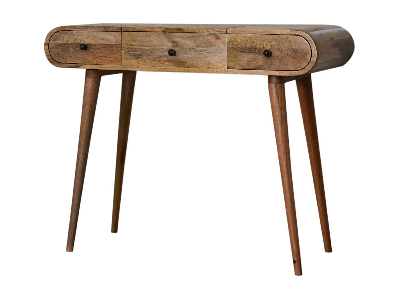 Artisan Furniture Solid Wood Oak-ish Round Dressing Table, 2 Drawers, 4 Storage Compartments with mirror, Beige
