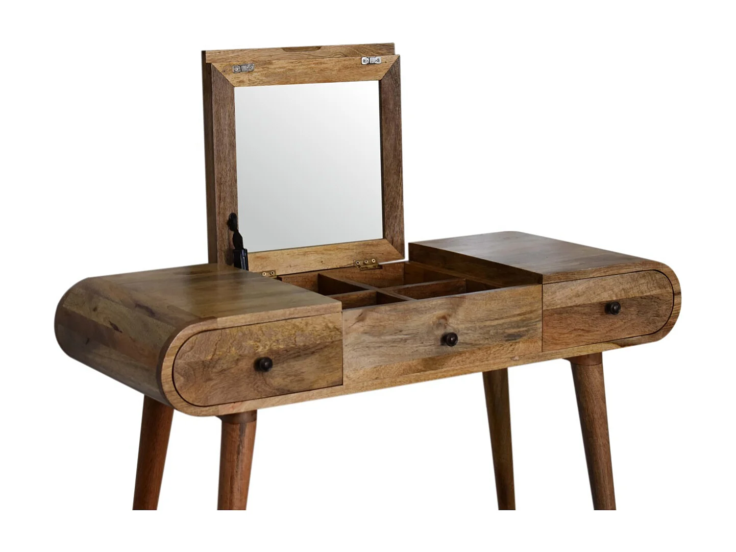 Artisan Furniture Solid Wood Oak-ish Round Dressing Table, 2 Drawers, 4 Storage Compartments with mirror, Beige
