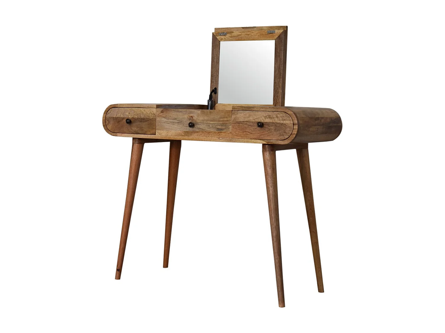 Artisan Furniture Solid Wood Oak-ish Round Dressing Table, 2 Drawers, 4 Storage Compartments with mirror, Beige