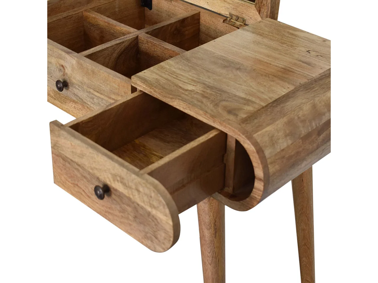 Artisan Furniture Solid Wood Oak-ish Round Dressing Table, 2 Drawers, 4 Storage Compartments with mirror, Beige
