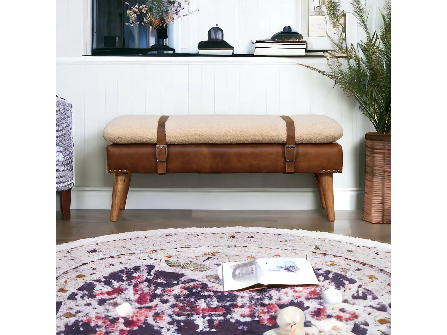 Artisan Furniture Tapizado Boucle Cuero de Búfalo Banquillo, Pasillo o Sala de Estar