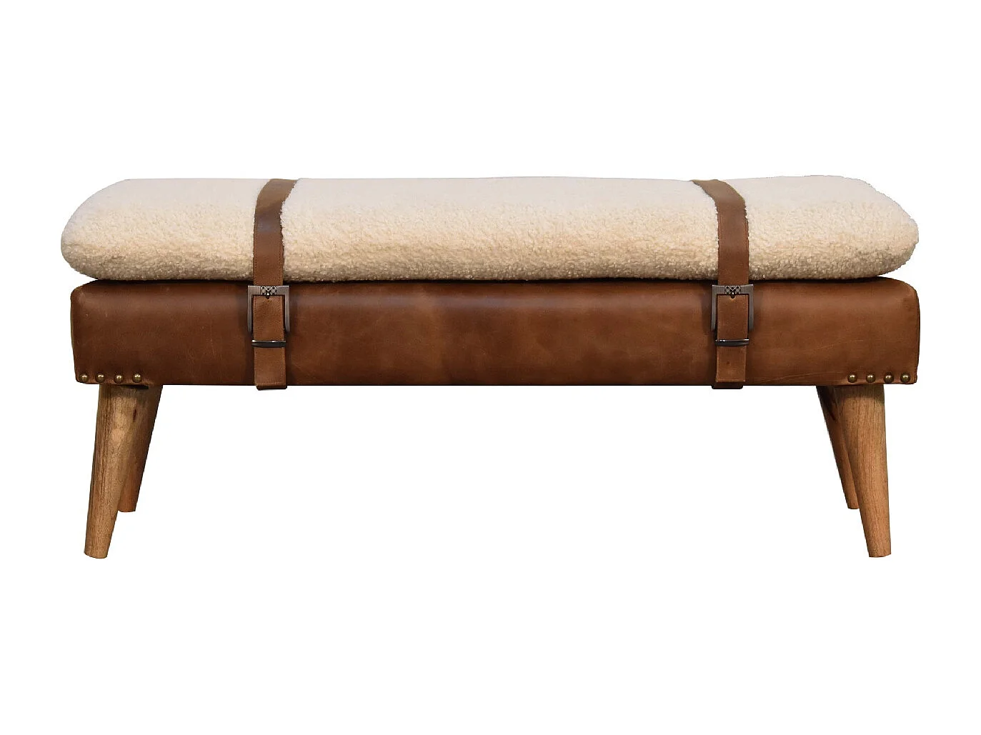 Artisan Furniture Banco de madera maciza de cuero de búfalo rizado.