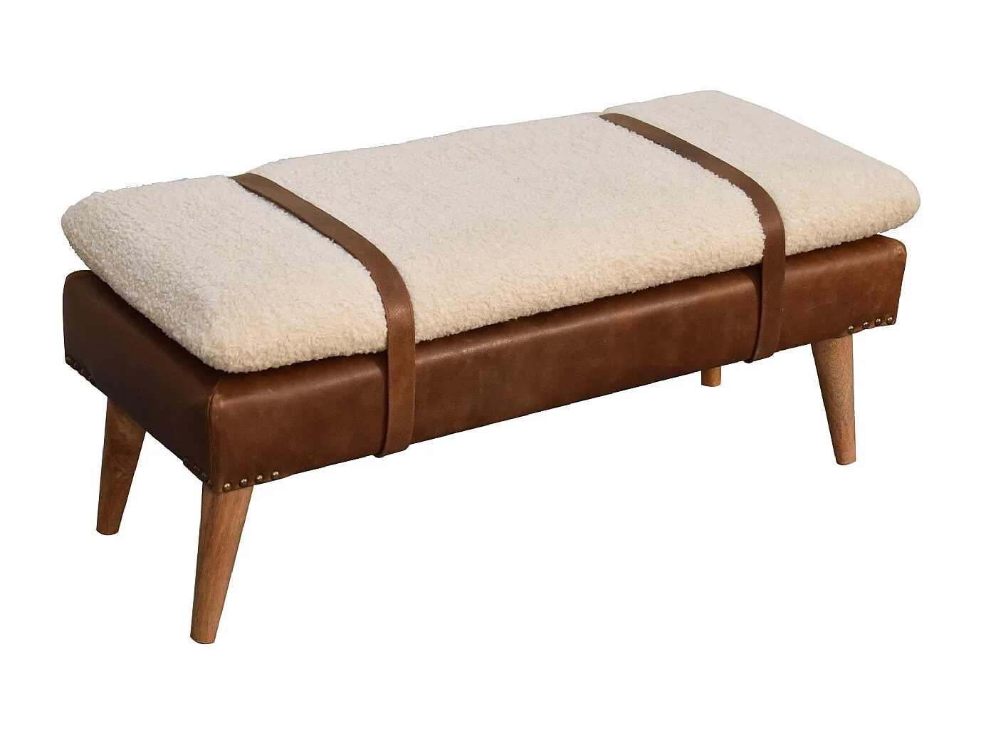 Artisan Furniture Banco de madera maciza de cuero de búfalo rizado.