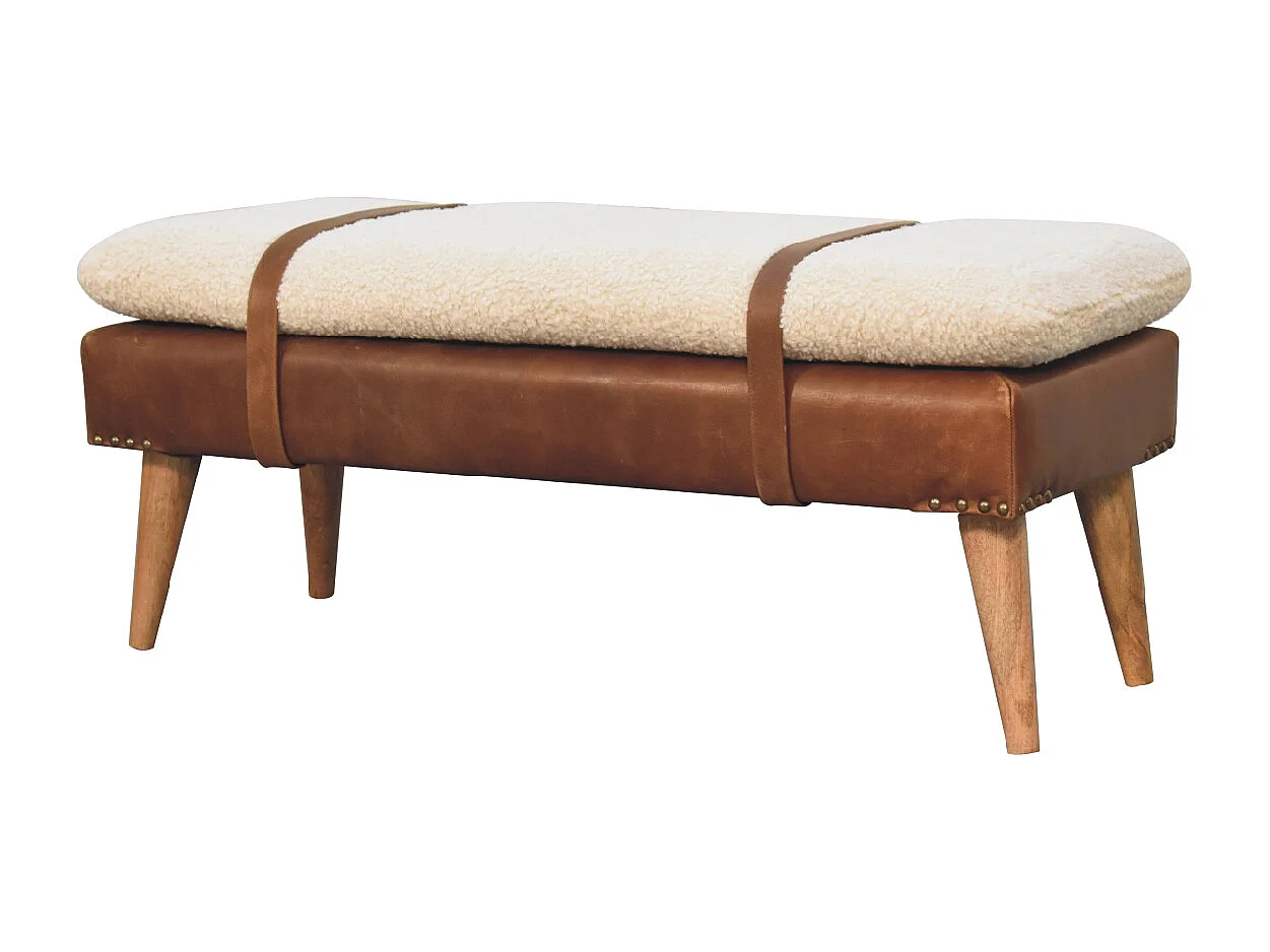 Artisan Furniture Banco de madera maciza de cuero de búfalo rizado.