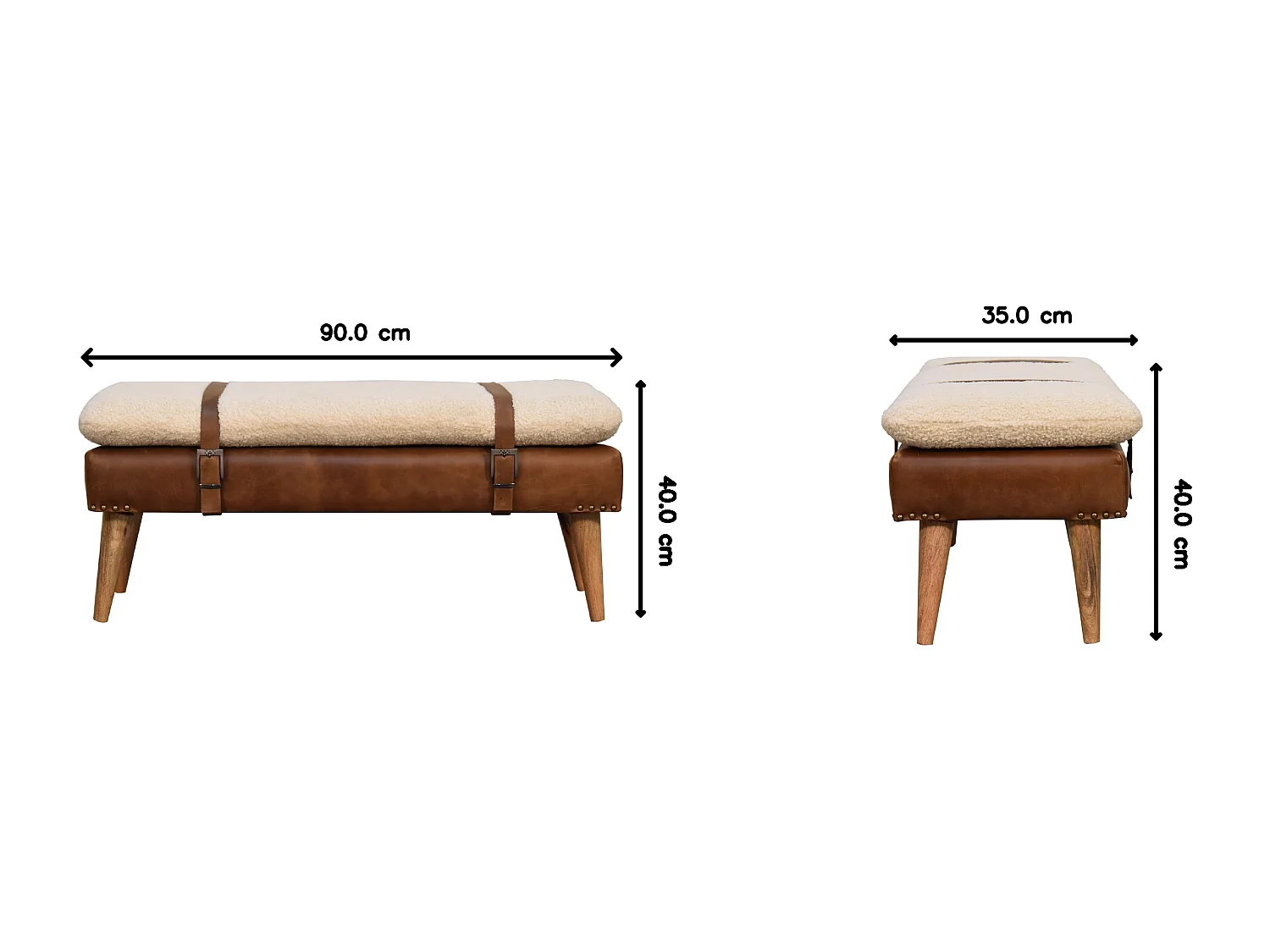 Artisan Furniture Banco de madera maciza de cuero de búfalo rizado.
