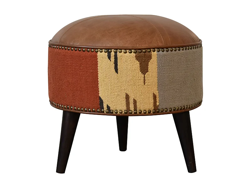 Pouf mixte en Durrie et cuir.