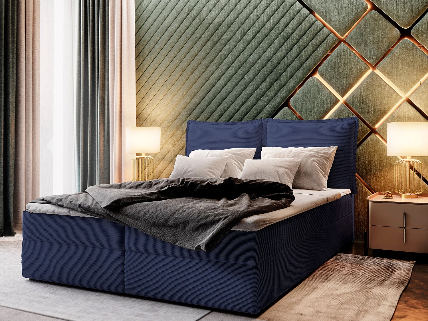 Boxspringbed LENTE 180x200 cm Set met hoofdbord, bedbodem en matras, Blauw