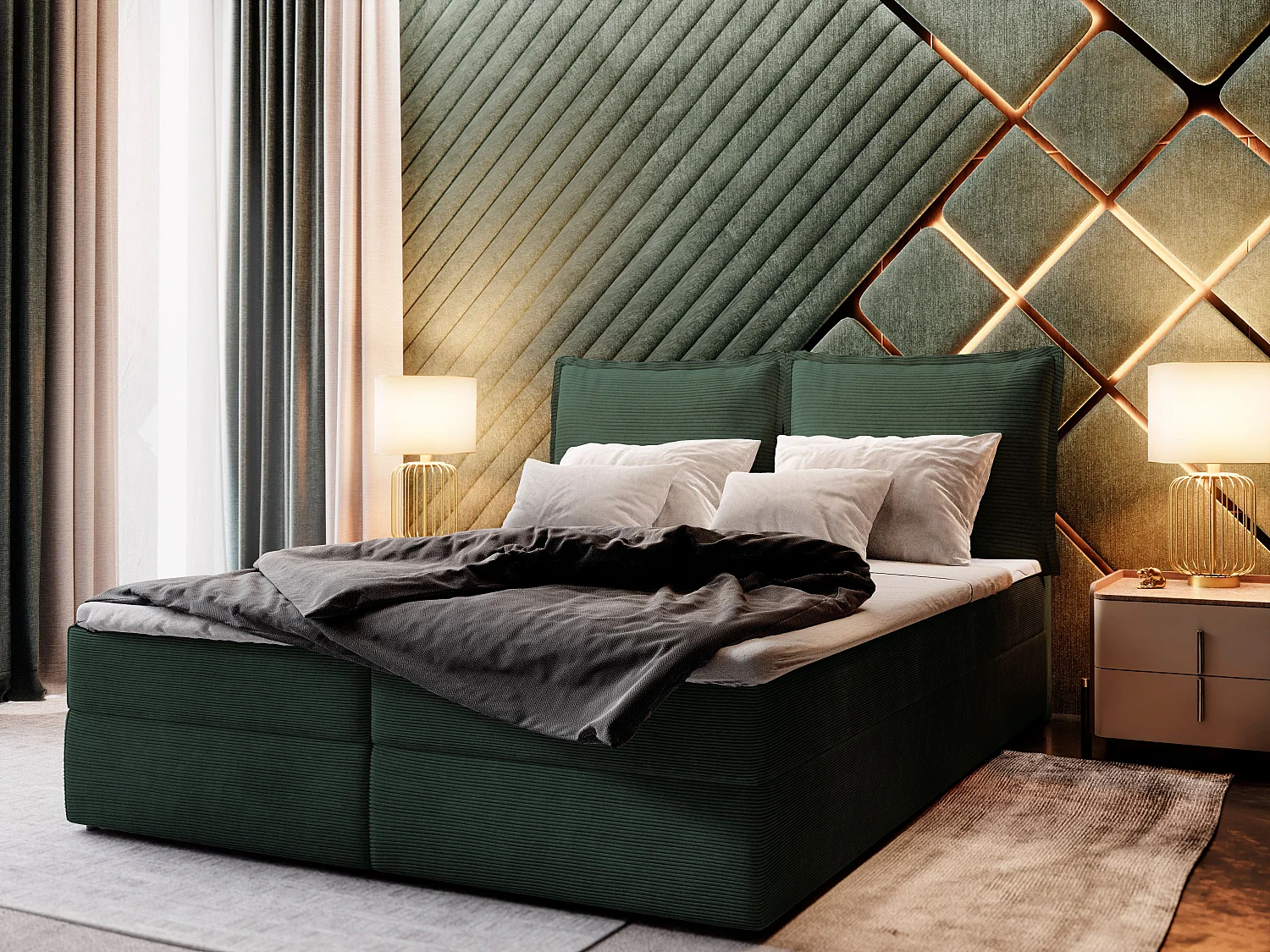 Boxspringbed LENTE 180x200 cm Set met hoofdbord, bedbodem en matras, Dennengroen